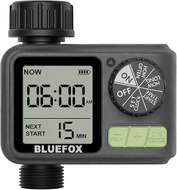 Bluefox Dijital Sulama Zamanlayıcı – Programlanabilir Bahçe Sulama Cihazı, Otomatik Hortum & Musluk Tipi Timer, LCD Ekran, Manuel Mod + Rain Delay, 3/4 Bağlantı, Pilli Dış Mekan Sulama Kontrol Cihazı