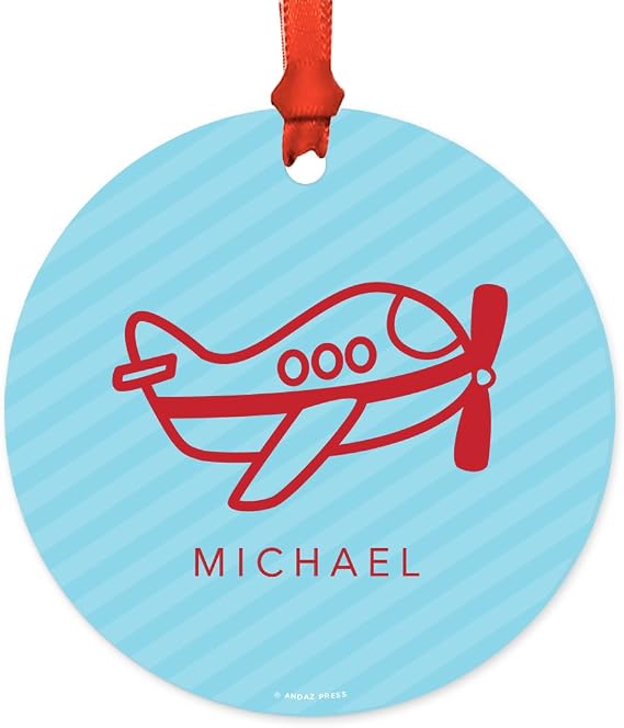 Andaz Press Fully Personalized Metal Christmas Ornament, Airplane, 1-Pack, Includes Ribbon and Gift Bag, Custom Name