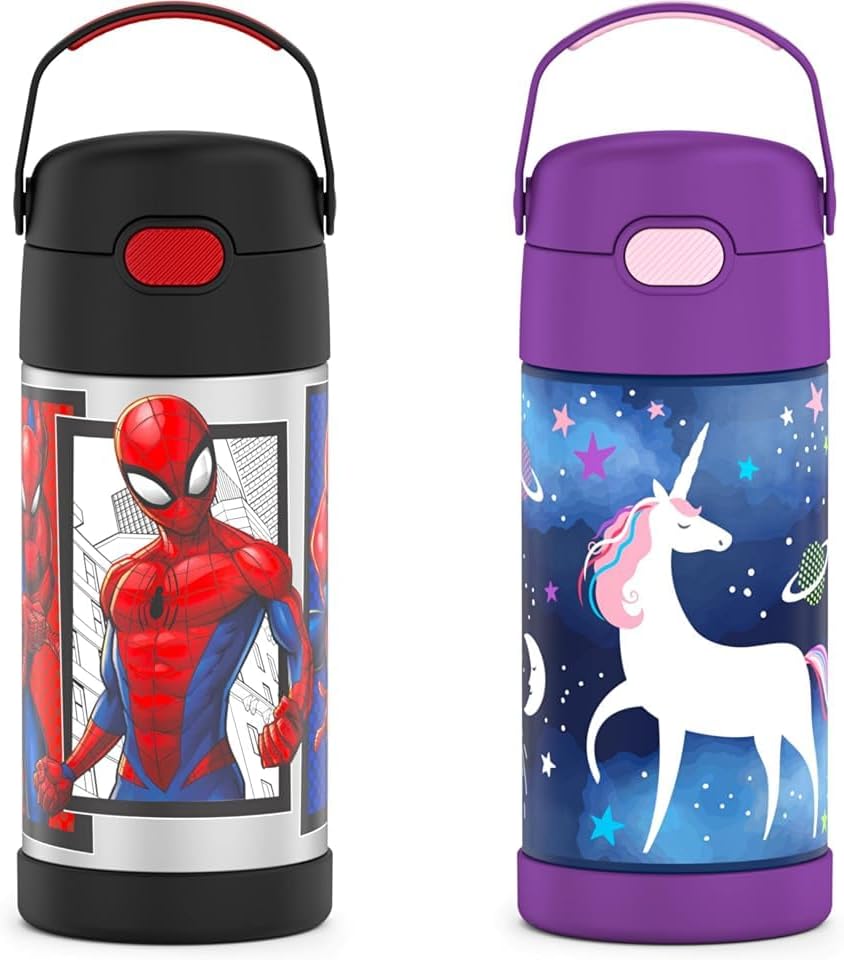 THERMOS FUNTAINER 12 Ounce Stainless Steel Vacuum Insulated Kids Straw Water Bottle Bundle - Spider-Man and Space Unicorn