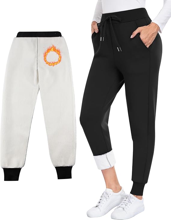 CHRLEISURE Fleece Lined Pants Women - Thermal Winter Warm Cold Weather Athletic Jogger Sweatpants with Pockets