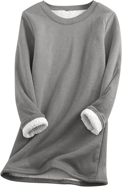Womens Winter Soft Sherpa Fleece Lined Pullover Crewneck Solid Color Sweatshirt