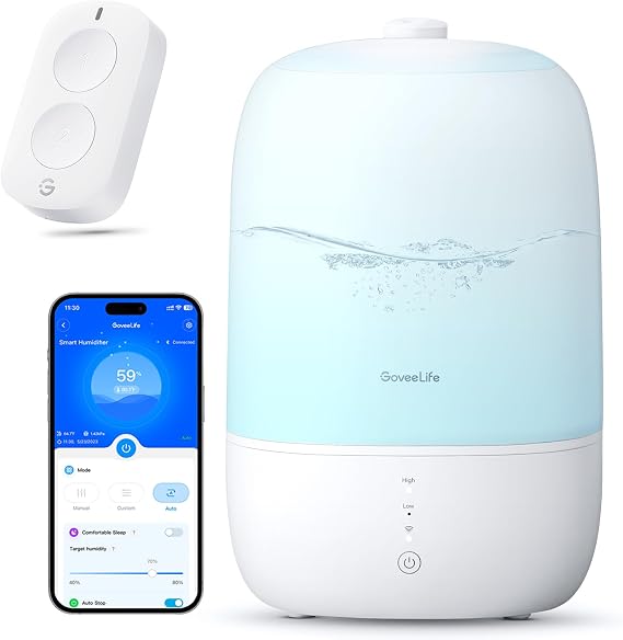 GoveeLife Smart Mini Double Button Switch, Group Control Multiple Devices H5126, GoveeLife Smart Humidifiers for Bedroom, 3L Top Fill Cool Mist Humidifiers with RGB Night Light H7140