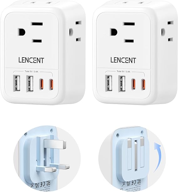 LENCEN 2 Pack Foldable US to UK Plug Adapter, Type G Travel Outlet Adapter