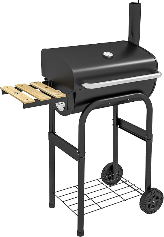 Outsunny Charcoal Barbecue Grill with Shelves, Lid, Thermometer, Black
