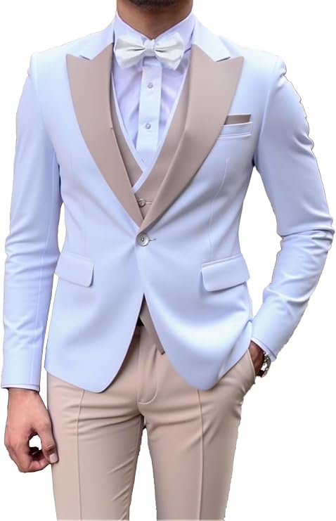 Men's 3 Piece Slim Fit Tuxedo Suit Set,Double Breasted Suit Jacket Vest Pants Set Casual Wedding Prom Groom Suits