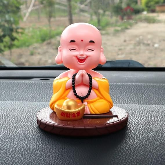 Laughing Buddha Statue, Feng Shui Solar-Powered Buddhist Monk Figure for Wealth and Good Luck, Happy Money Buddha Nod Figure for Home Car Garden Decor