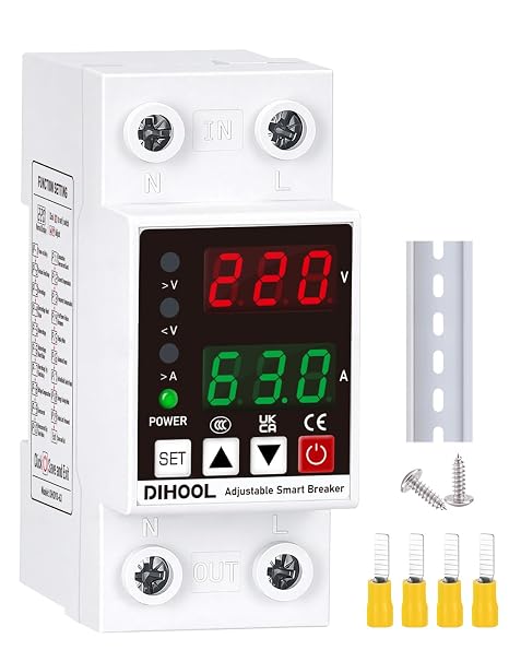 DIHOOL Smart Circuit Breaker with Adjustable Voltage Protection, 70-200V Low and 140-300V High Cutoff, 1-63A Overcurrent Protector, AC Disconnect Switch, DIN Rail Mount