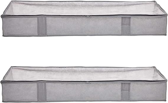 Amazon Basics Under Bed Storage Bags for Clothes and Blankets, Foldable Fabric Zipper Container with Clear Window and Reinforced Handles, Space Saving, 18 x 42 x 6 inches, Gray, 2-Pack