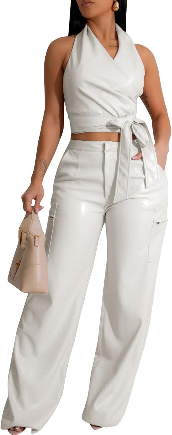 SEMATOMALA Women's Leather Pants Set PU Faux Leather Halter Crop Tank Top and Straight Leg Pants Set 2 Piece Outfit