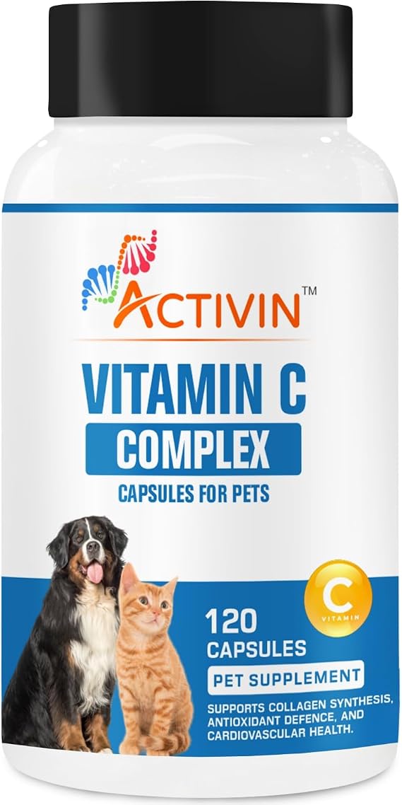 Vitamin C Complex for Dogs & Cats 120 Capsules Antioxidant & Immune Support with Coenzyme Q10 & Vitamin B12 (Cyanocobalamin) Supports Collagen Synthesis, Joints, Skin Health