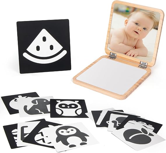 Woodtoe Tummy Time Mirror for Babies, 0-180 Adjustable Angle Floor Mirror, Baby Mirror with 15 Educational Cards, Shatterproof Baby Safe Mirror Toy, Montessori Gift for Boy Girl 0-6 Months
