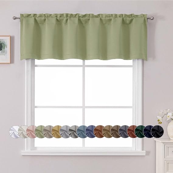 Chyhomenyc Sage Green Valance for Window, Blackout Small Kitchen Curtain for Bedroom/Living Room, Rod Pocket Privacy Short Window Treatment Valance RV Bunk Panels, 60" Wx14 L
