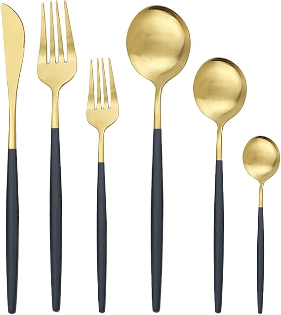 Cutlery Set Matte Flatware Cutlery Set Stainless Steel Dinnerware Set Silverware Set Kitchen Tableware 36Pcs Black Gold