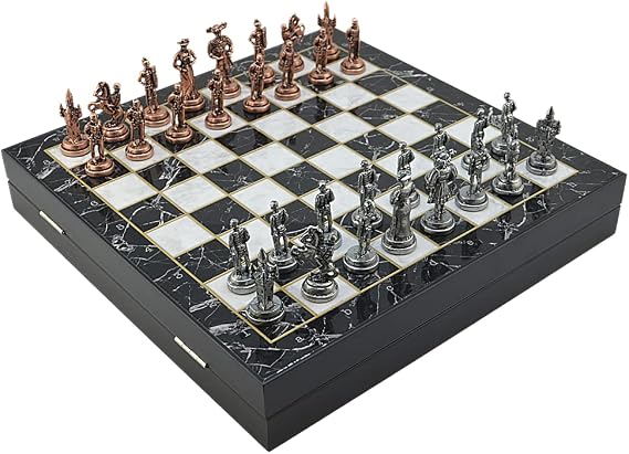GiftHome Orta Boy Metal İspanyol Satranç Takımı Antik ve Mermer Desenli Sandıklı MDF Tahtası (36x36x6 cm.)