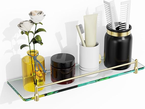 Bathroom Glass Shelf 16" Gold Glass Bathroom Shelf Modern Stainless Steel Tempered Glass Floating Glass Shelf for Hanging Accessories