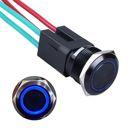 22mm Heavy Duty Momentary Metal Push Button Switch Waterproof Large Current 20Amp 12V-24V (ON)-Off 2NO 4 Pins with Pre-Wired Socket for 7/8" Mounting Hole Black Shell (Halo Ring Blue LED)