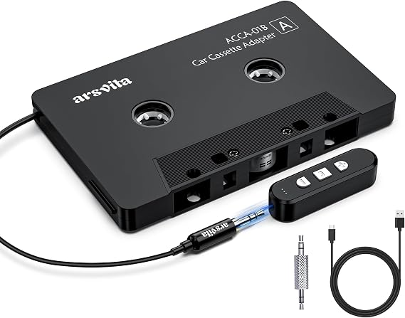 arsvita 5.1 Bluetooth Cassette Adapter with 3.5mm Aux Cable Tape, Black