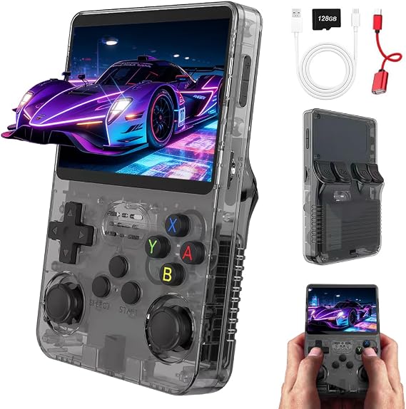 R36S Retro Handheld Game Console 128G Retro Console 3.5 Inch IPS Screen Handheld Console Portable Mini Retro Console Emulator Console Linux System Game Boy (Black)
