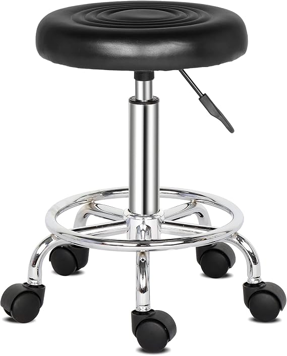 Modern Rolling Round Stool Chair,PU Leather Swivel Adjustable Rolling Stools,Ergonomic Swivel Salon Spa Barstools,Office Drafting Chairs,with Wheels,for Home, Kitchen, Medical, Lab (Black)