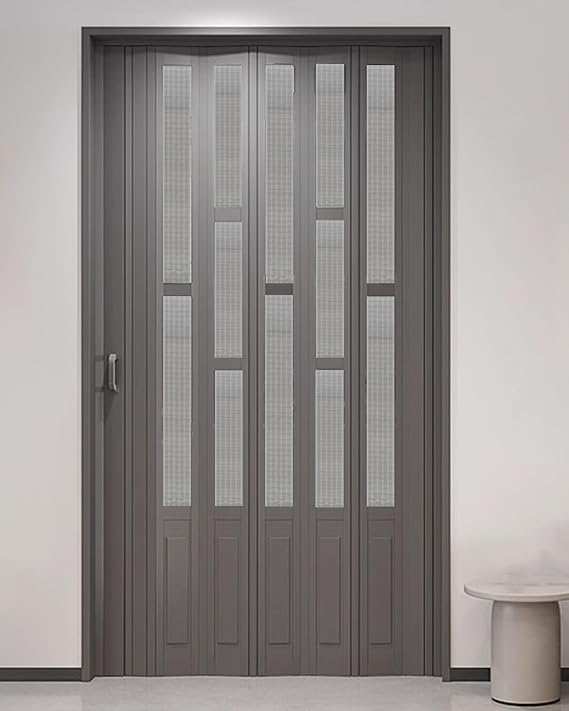 ZIMGOD Accordion Door Interior Folding Doors Gray, PVC Sliding Door with Acrylic Glass, Retractable Accordion Gate for Kitchen Bedroom Pantry, Room Divider Door Screen(28x80in (71x203cm))