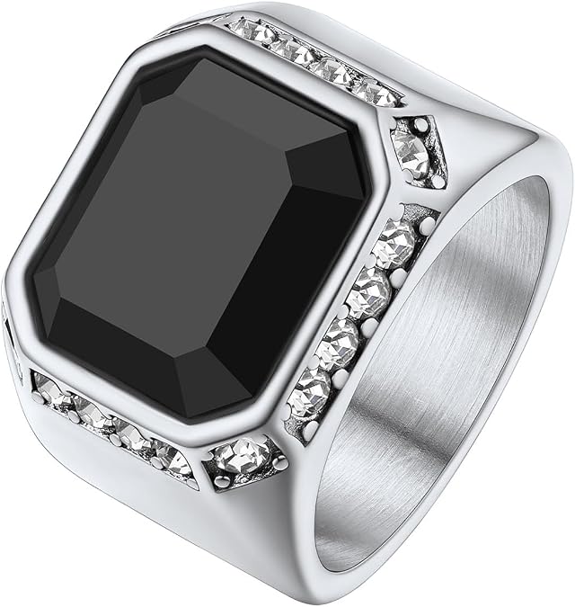 Richsteel Square Signet Ring for Men, Black Onyx Ring with Rhinestone, Ring Jewellery for Wedding, with Gift Packaging