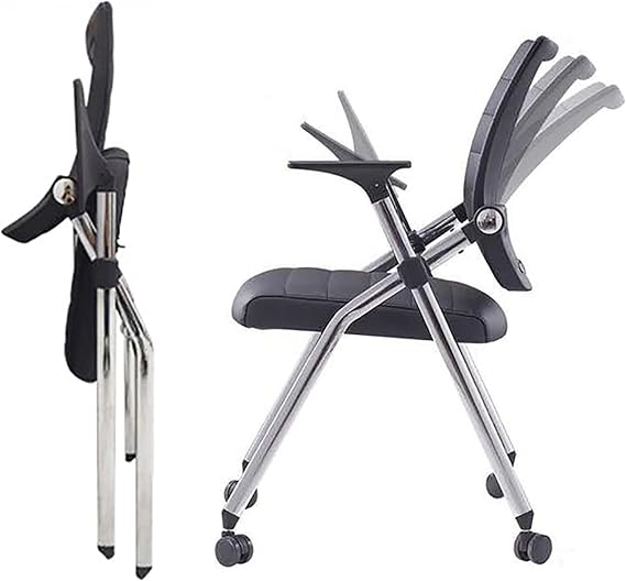 Ergonomic Foldable Office Chair with Wheels - Adjustable Height Black Desk Chair with PU Leather Seat & Padded Arms, Comfortable Folding Chair for Home Office, Study & Small Spaces
