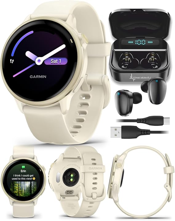 Garmin Vivoactive 6 - Health & Fitness Smartwatch, 1.2 in Bright AMOLED Display, GPS Sports Tracking, Up to 11 Days of Battery, Lunar Gold with Bone Band w Black Earbuds Bundle