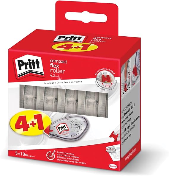 Pritt Compact Flex 2382016 Correction Roller Easy to Use with Flexible Tip Tape Length 10 m Tape Width 4.2 mm Pack of 5 Economy Set White