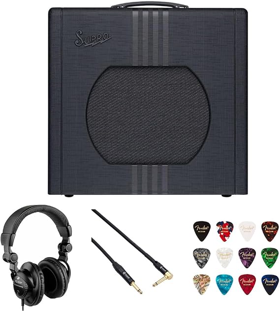 Supro Delta King 12, Black/Black Bundle with Polsen Studio Monitor Headphones, Kopul Instrument 10' Cable, Fender Guitar Picks 12-Pack
