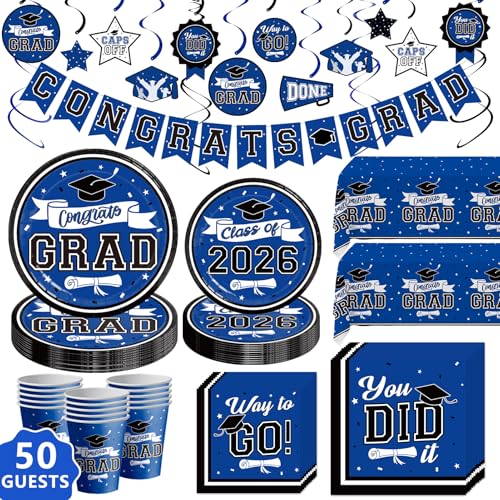 DAZONGE Graduation Decorations 2026 Blue, 2026 Graduation Party Decorations for 50 Guests, Disposable Tableware Set, Plates, Cups, Tablecloth with Congrats Grad Hanging Decor