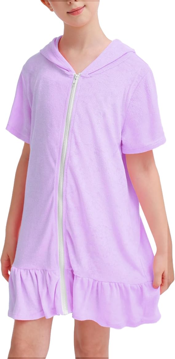 Girls Swim Cover Up Hooded Zip-Up Swimsuit Ruffle Bathing Suit