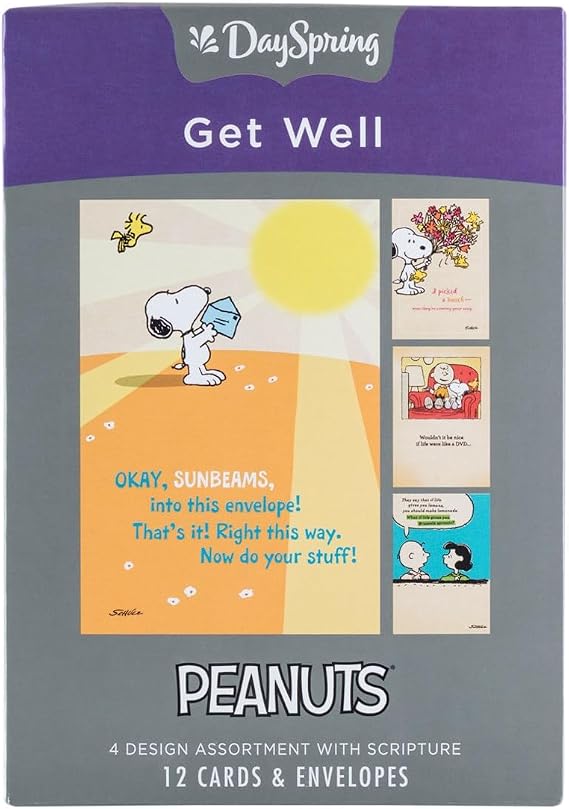 DaySpring - Peanuts - Get Well - 4 Design Assortment with Scripture - 12 Get Well Boxed Cards & Envelopes