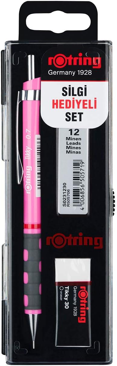 rotring Tikky Mechanical Pencil, Tip and Eraser Set, 0.7 mm Pen, 2D Tip, Medium Size Eraser, Neon Pink, Set of 3