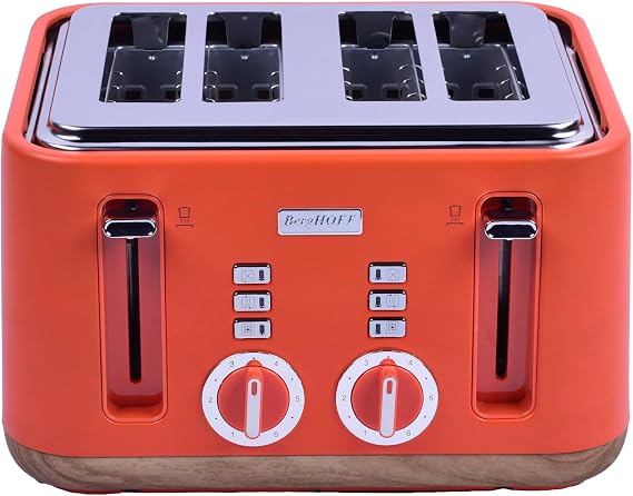 BergHOFF Gem Natural 4 Slice Toaster – 1630 W, Dual Control Panel, Stainless Steel | Orange