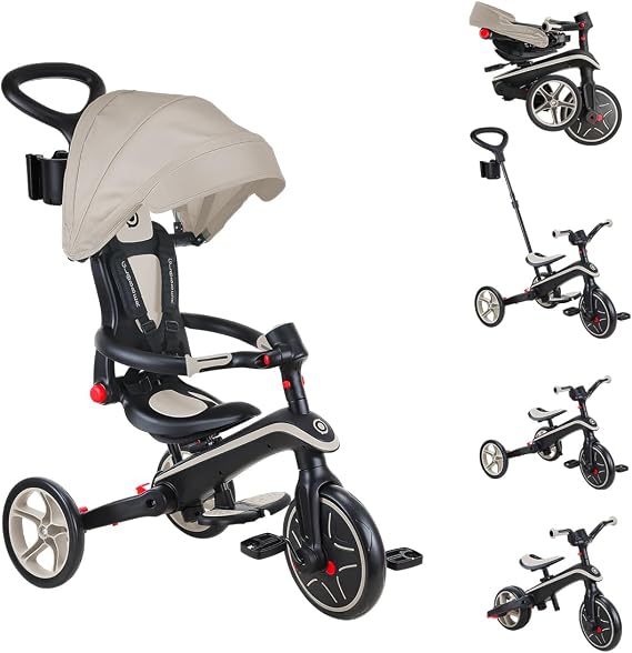 Globber Foldable 5-in-1 Toddler Trike Push Bike Stroller Compact Learning Tricycle for Toddlers Converts Into Balance Bike Safe Outdoor Ride On Toys for Kids (Taupe), Medium