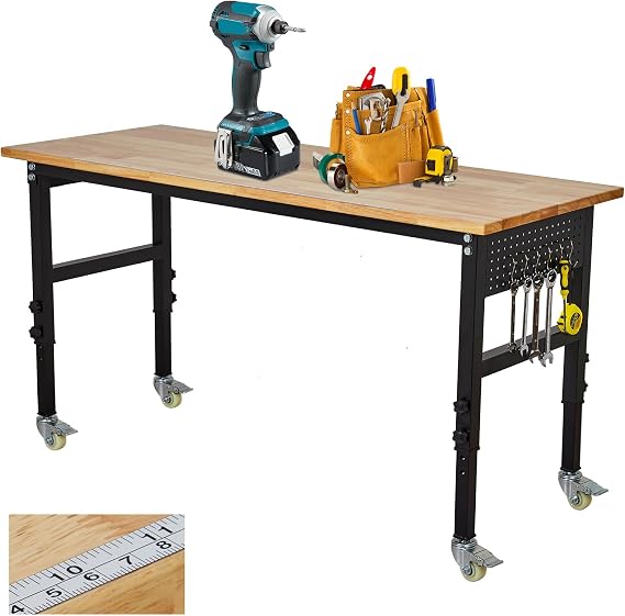 Adjustable Workbench with Scale, 122 x 61 x 75-100cm (8-Level Height) Rolling Garage Work Bench with 4 Lockable Casters & Wooden Top, 1000kg Load Capacity Hardwood Worktable for Garage Workshop