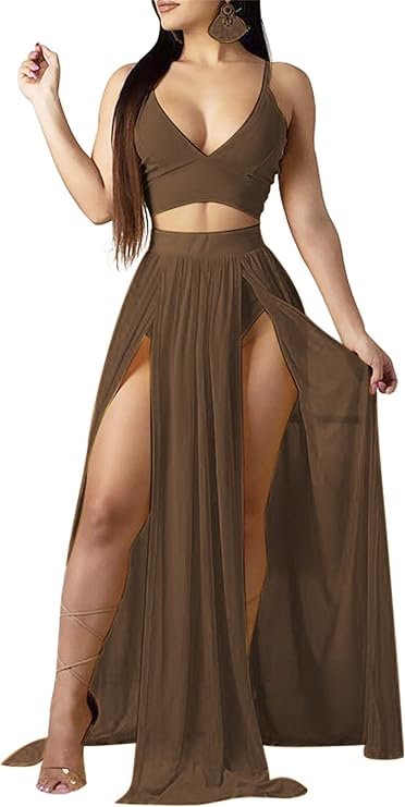 Women Sexy 2 Piece Outfits Dress Chiffon Strap Deep V Neck Bra Crop Top High Split Maxi Dresses Skirt Set Swimwear Cover Ups Brown XS
