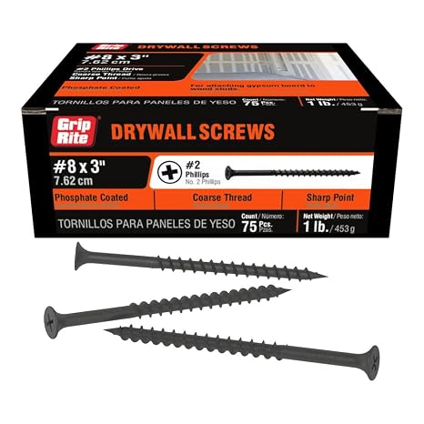 Grip-Rite Coarse Thread Drywall Screws - #2 Phillips Bugle Head - Sharp Point - for Attaching Drywall to Wood Studs - Phosphate Coated - 1 Lb Box - #8 X 3 Drywall Screws - 3CDWS1