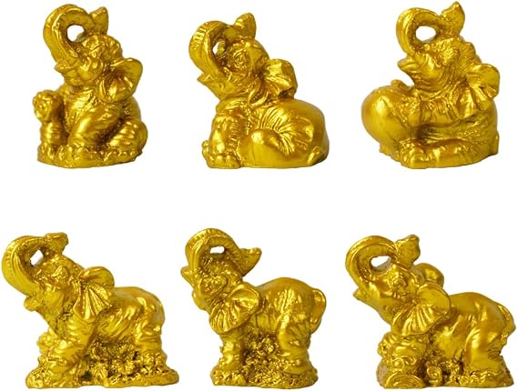 Mini Elephant Statue Indian Elephants Figurines Resin Feng Shui for Home Decor Office Family Animal Return Gifts 1.8''H Set of 6 (Golden)