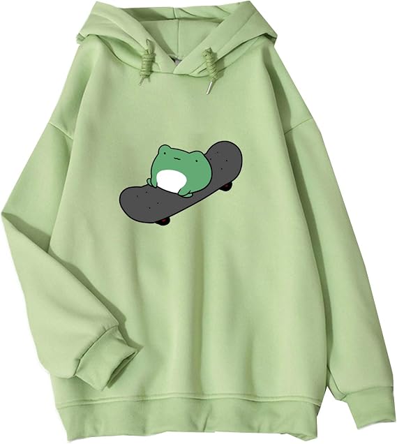 KEEVICI Women's Cute Sweatshirts Frog Skateboard Long Sleeve Casual Hoodie Pullover Tops (Green,Asian XXL)