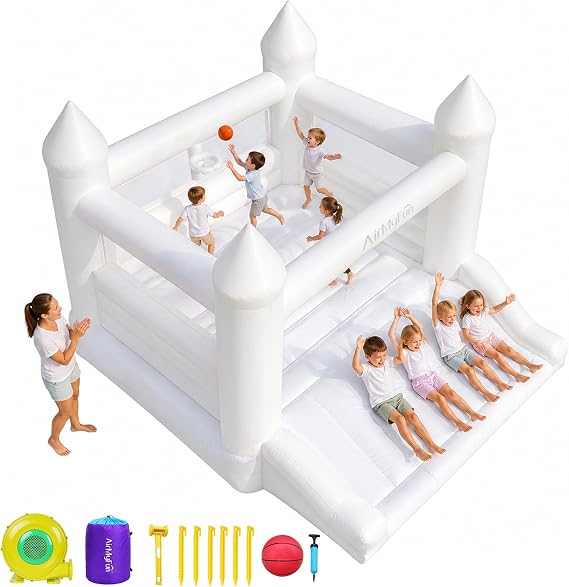 AirMyFun White Bounce House for Kids 3-10, Bounce House with Blower, Slide and Ball Hoop, Inflatable Bounce House Jumping Castle for Indoor Outdoor Fun, Inflatable Bouncer Made of Thick Material