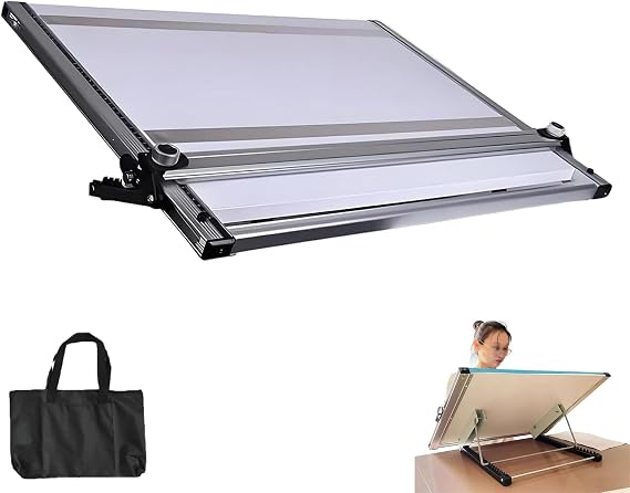 Drafting Board with Adjustable Tilt and Stainless Steel Strips, Parallel Motion Bar for Enhanced Drawing, Ideal for Architects and Designers