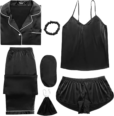 Ekouaer Satin Bridal Party Pajamas Plus Size Nightwear Loose PJs Button Long Sleeves Sets and Cami Shorts Gift for Wife A-black