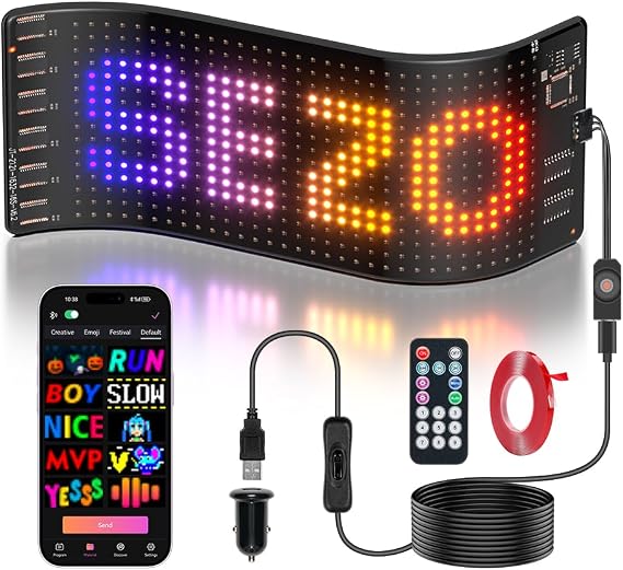 SEZO Devil Eyes Light, 7"x3" Programmable led Eyes for Car Windshield 5V USB-Powered LED Matrix Panel with Remote/App Control,Double-Side Tape, for Business Car Shop Bar Concert IP65 (1 Pcs)