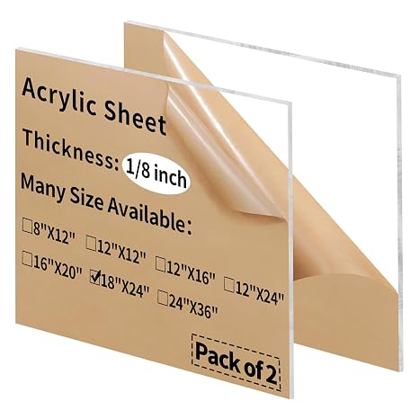 18 x 24 inch Clear Acrylic Sheets 1/8 inch Thick - 2 Pack Transparent Plexiglass Plastic Cast Panels for DIY Craft Projects, Signs, Display Cases - Easy to Cut with Laser, Saw or Hand Tools