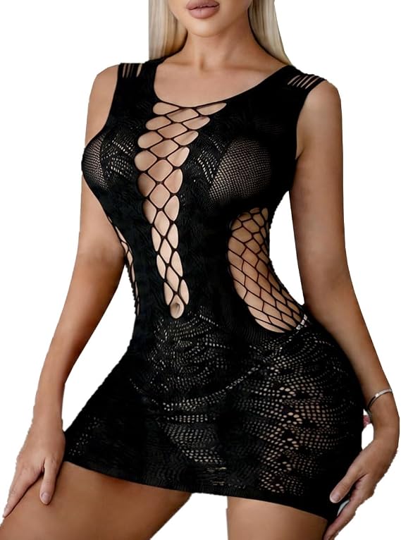 Sexy Womens Lingerie Dress Fishnet Bodycon Stripper Outfit Hollow Out Mesh Chemise Babydoll Bodycon Beach Cover Up