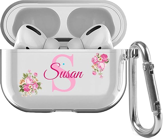 Custom Name & Initial Crystal Clear Case for AirPods 4th Generation Pro/Pro 2 and 3rd Generation,Thin Shockproof Protective Customized Transparent Case(Deep Pink Flowers)