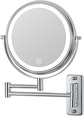 Dimmable Touch Screen Magnifying Makeup Mirror with 3 Colors, Rechargeable Lighted Double Sided Shaving Mirror Wall Mounted Extendable LED Vanity Mirror,Chrome,10X