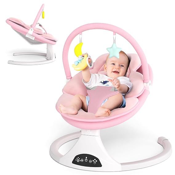 Electric Baby Swing with Remote Control,5 Speeds&Portable&Cozy(0-6M,Pink)