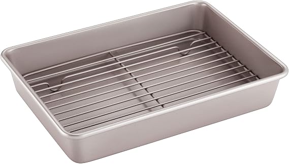 CHEFMADE Roasting Pan with Rack, 13-Inch Non-Stick Rectangular Deep Dish Oven-BBQ Bakeware for Oven Baking 9" x 13" x 2.4" (Champagne Gold)